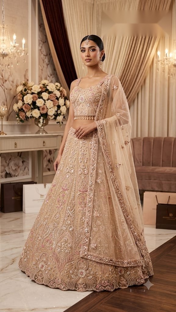 Champagne gold fully embroidered designer lehenga with matching dupatta at Raunak Boutique Epping Melbourne