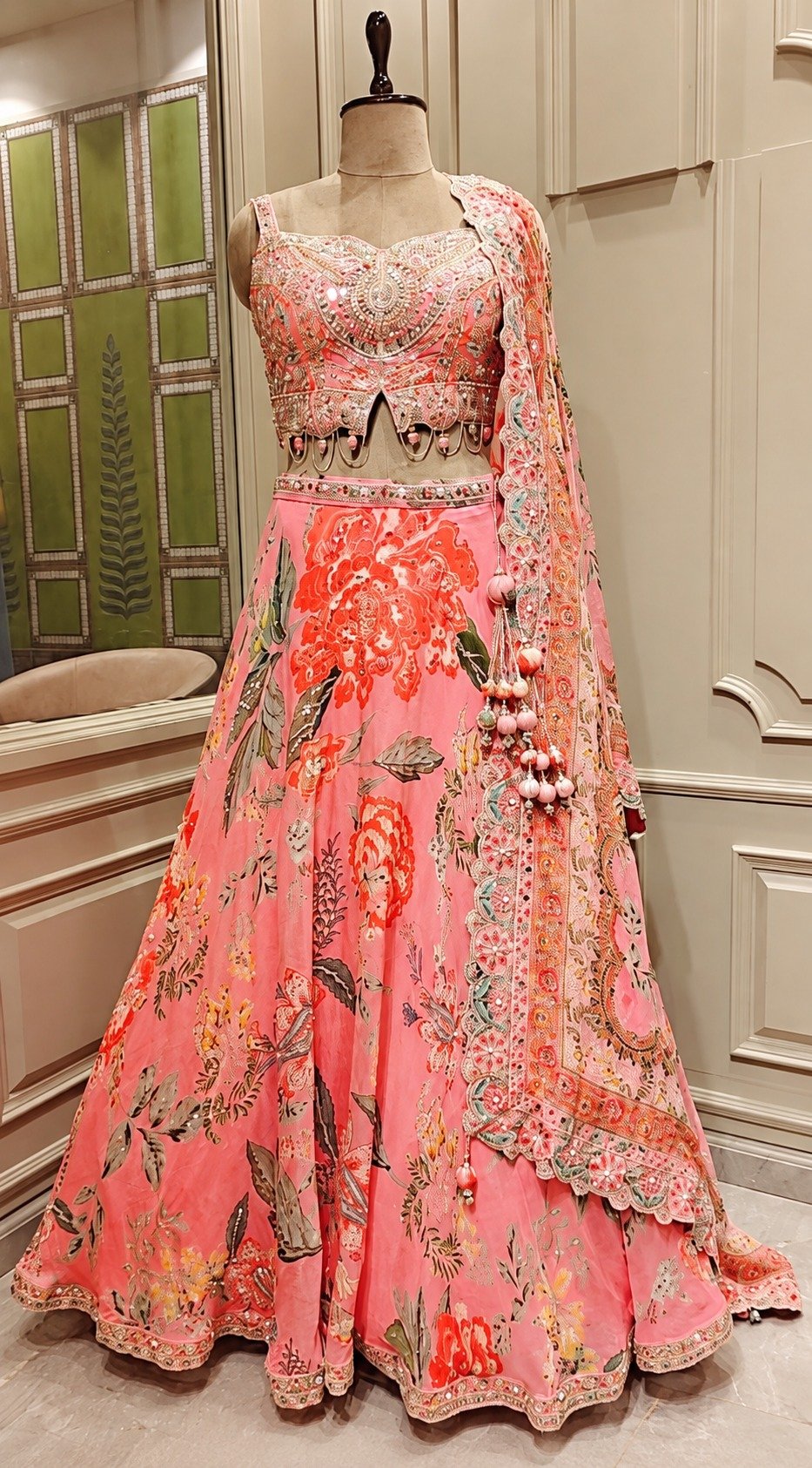 Coral Floral Embroidered Bridal Lehenga