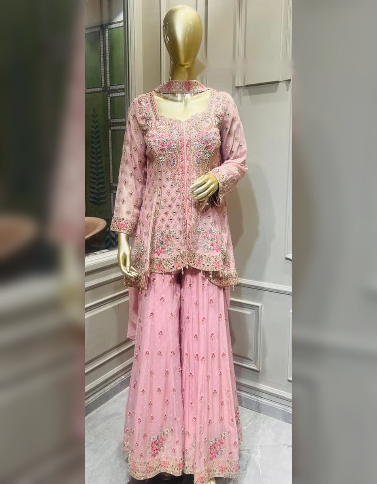 Dusty pink embroidered sharara suit with matching dupatta at Raunak Boutique Epping, Melbourne