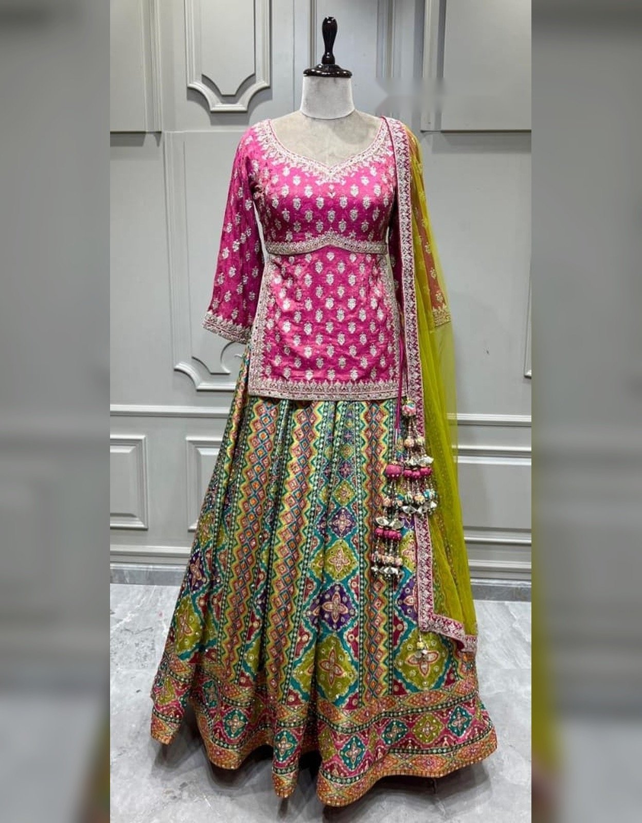 Hot Pink Multicolour Embroidered Lehenga