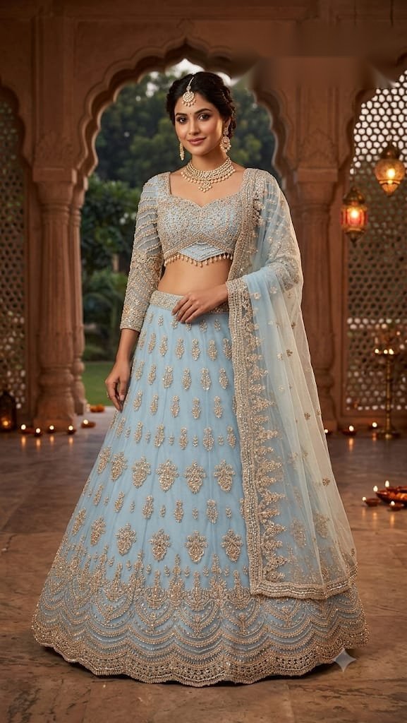 Ice blue heavy embroidered designer lehenga with matching dupatta at Raunak Boutique Epping Melbourne