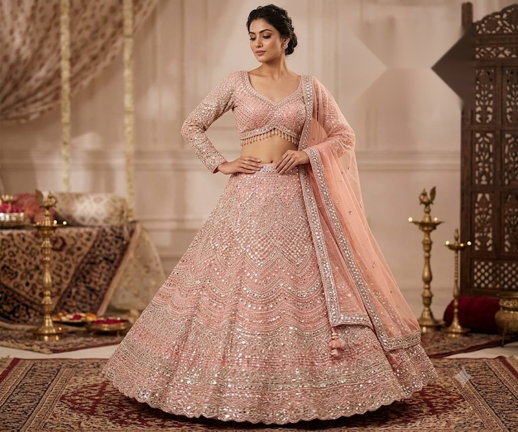 Peach pink sequin embroidered designer lehenga with matching dupatta at Raunak Boutique Epping Melbourne