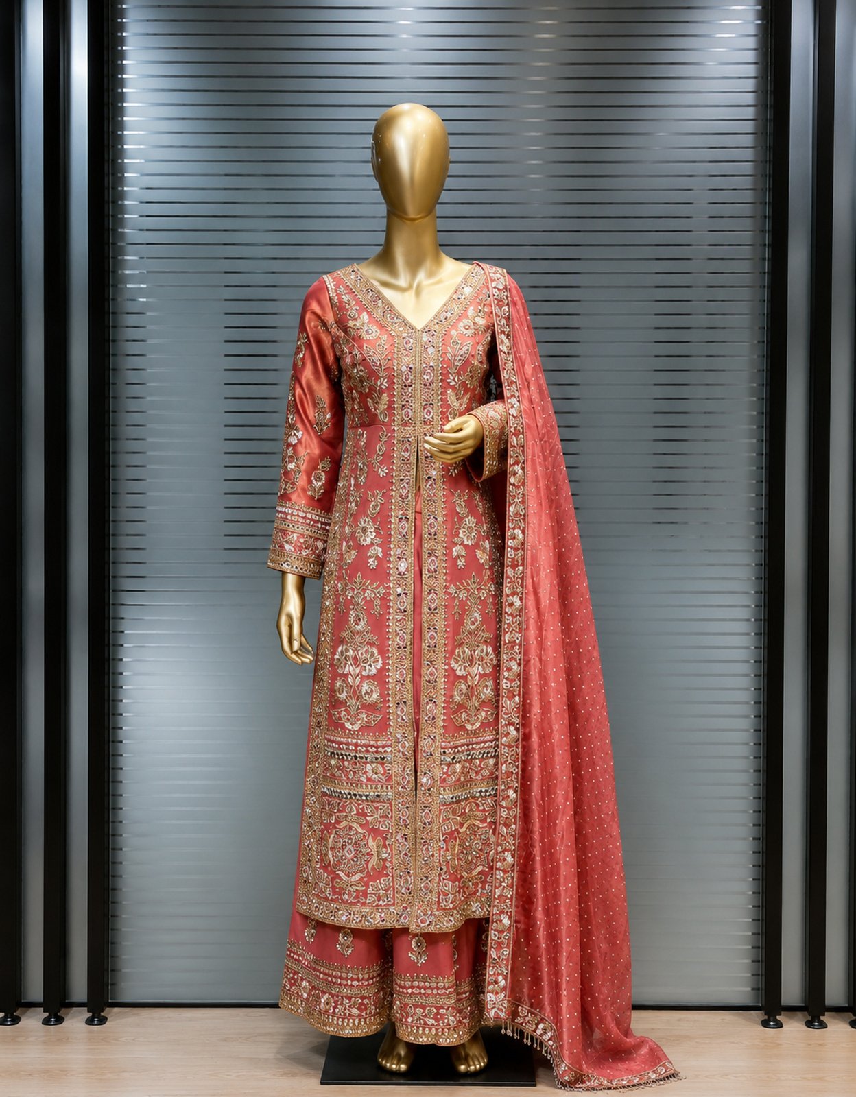 Rose pink embroidered sharara suit with matching dupatta at Raunak Boutique Epping, Melbourne