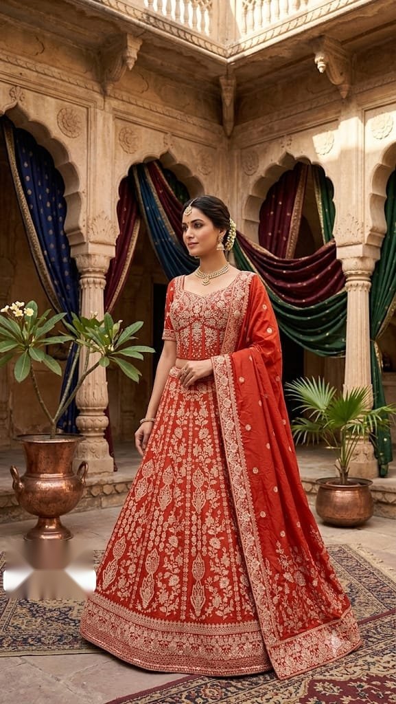 Rust red embroidered designer lehenga with matching dupatta at Raunak Boutique Epping Melbourne