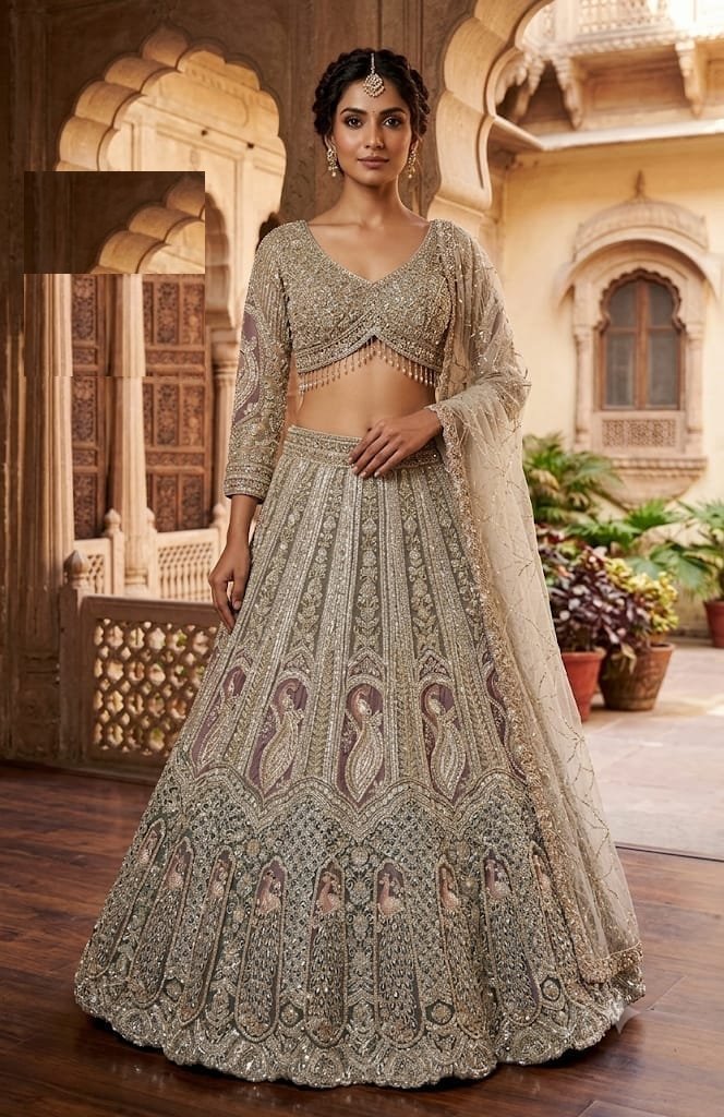 Silver grey fully embroidered designer lehenga with matching dupatta at Raunak Boutique Epping Melbourne