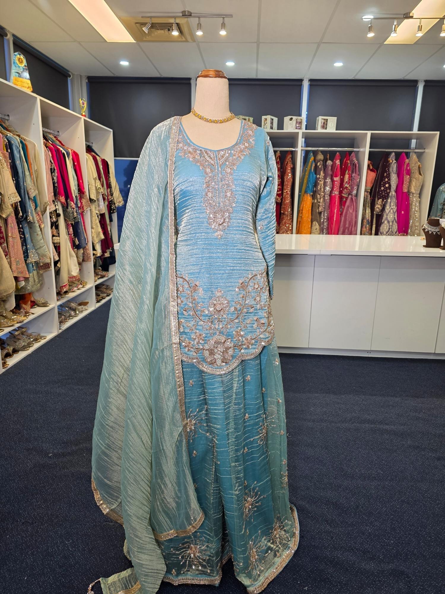 Sky Blue Embroidered Sharara Suit with Net Dupatta