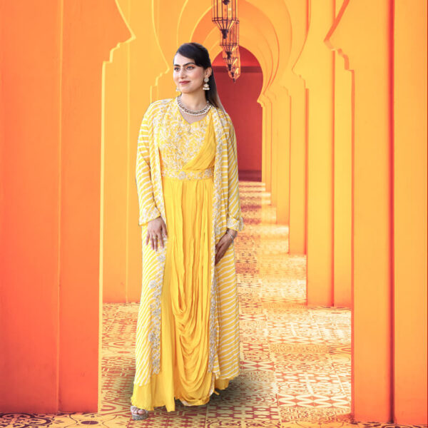 Yellow dress with saree drape indian woman's clothing