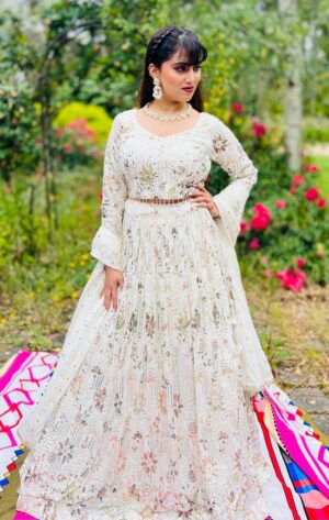 White lengha with floral embroidery