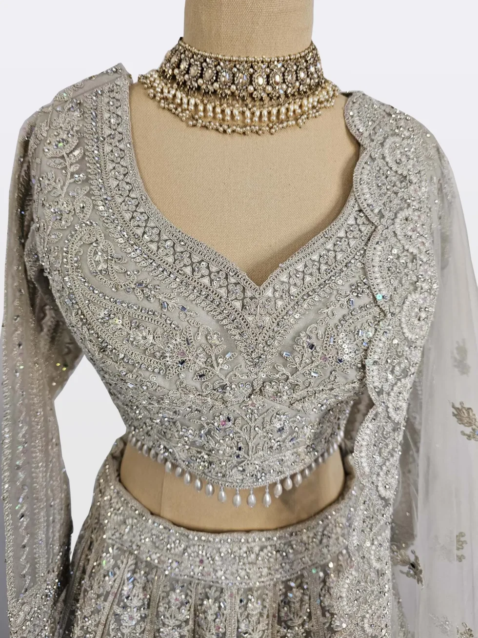 Beigh Lehenga with silver embroidery